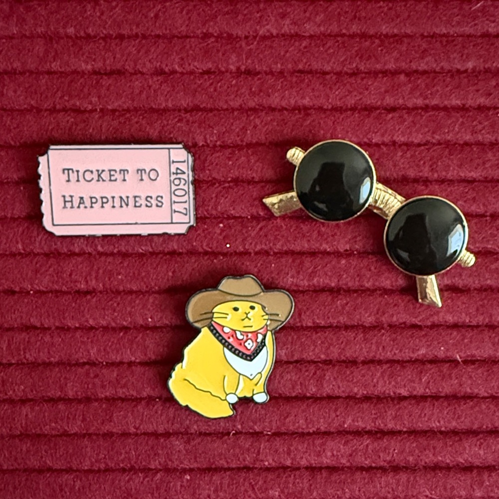 New- Western Themed Fun Enamel Pin Set with Cat and Ticket